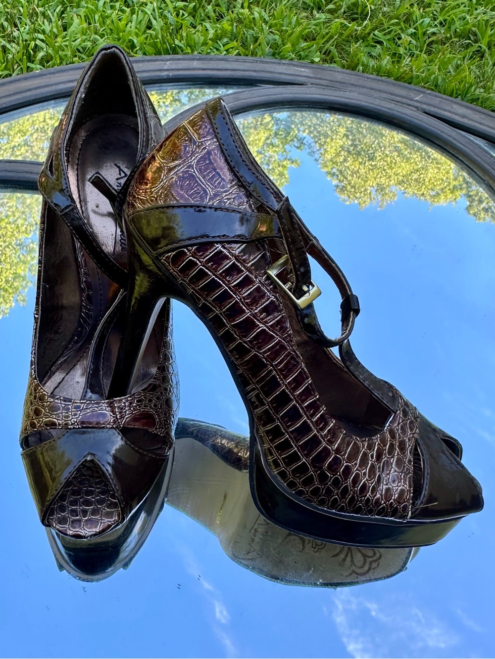 Women’s Brown Croc-Embossed Peep-Toe Heels with Ankle Strap